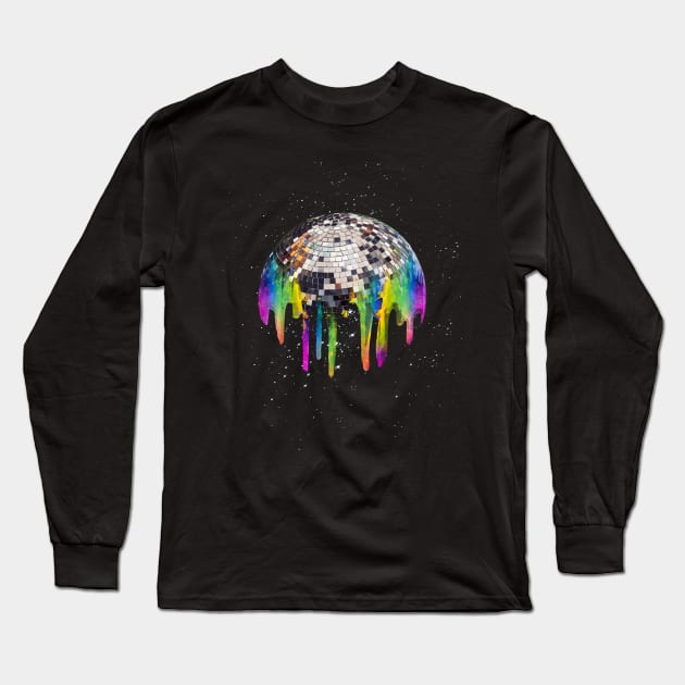 Disco Ball Rainbow Drip Melt In Space Long Sleeve T-Shirt by Random Galaxy